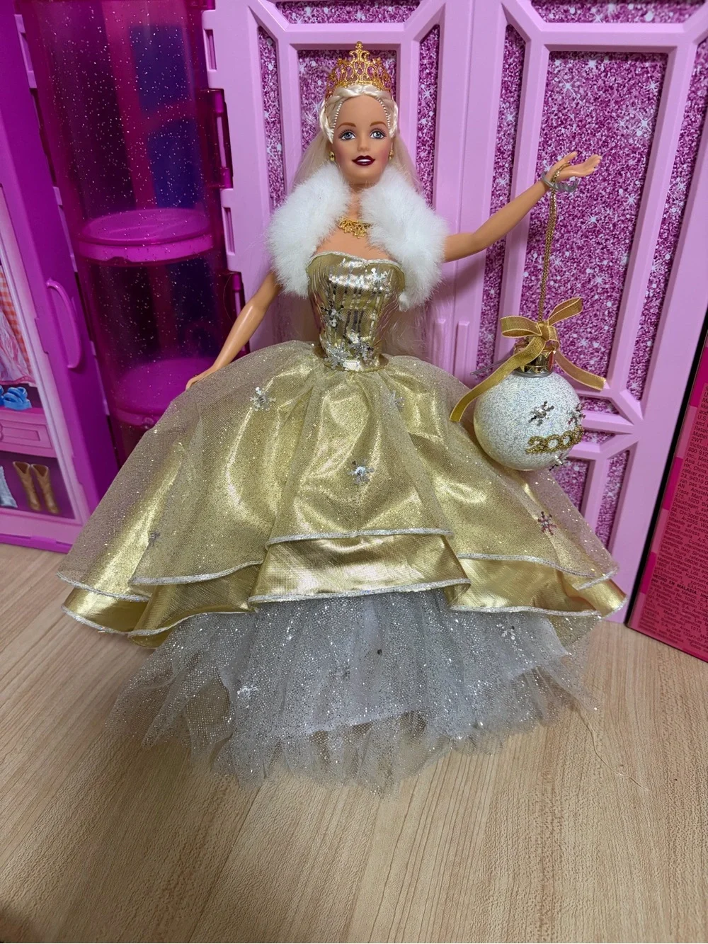 Barbie Gold Glitter Princess Doll with White Fur Trim